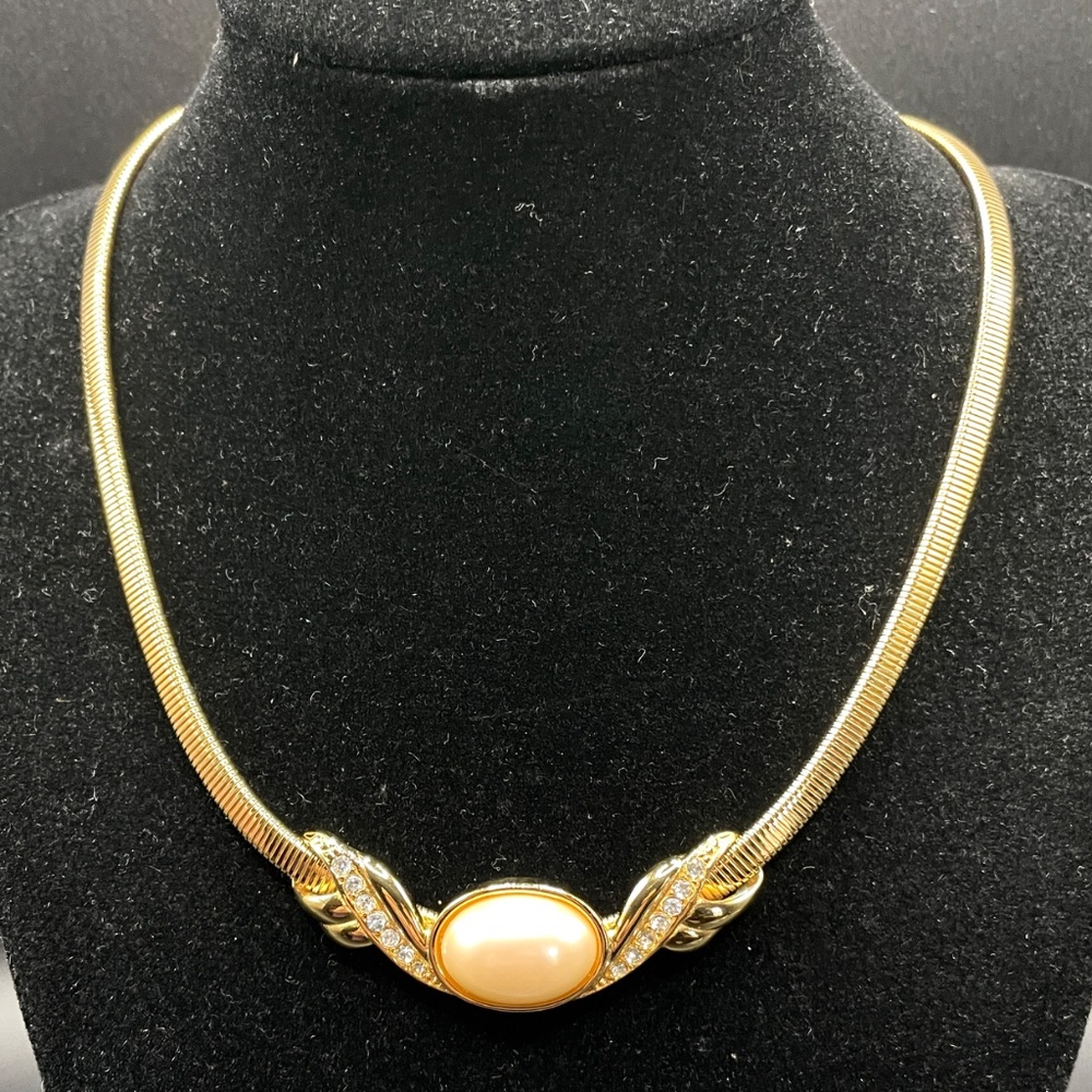 Monet Vintage Omega Faux Pearl Rhinestone Choker Necklace
